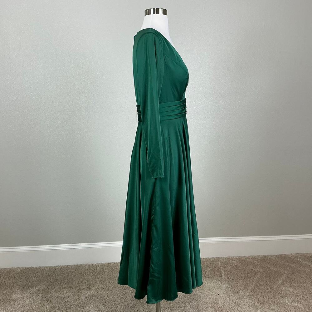 Mac Duggal 67527 Green Cocktail Dress Satin Long Sleeve Fit & Flare Midi Size 14 - Picture 4 of 12